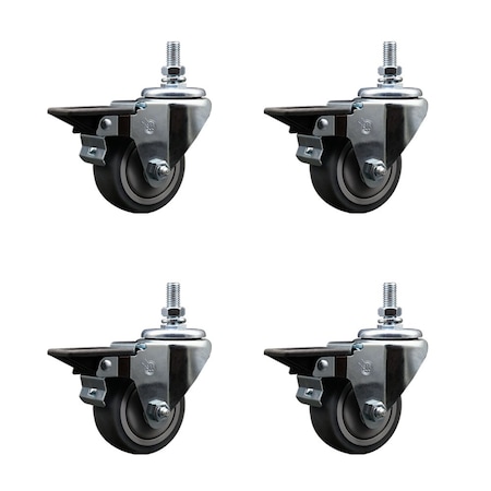 Service Caster 3 Inch Thermoplastic Rubber 10 MM Threaded Stem Caster Set with Brake SCC-TS20S314-TPRB-PLB-M1015-4